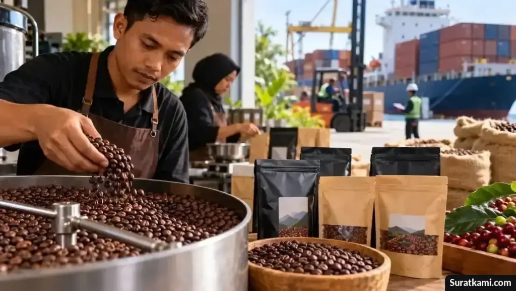 Biji kopi robusta Lampung dan kopi sangrai dalam proses pengolahan untuk pasar ekspor.