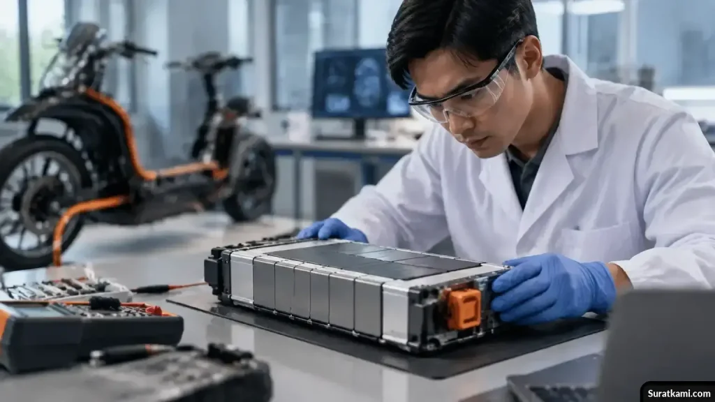 Teknisi memeriksa modul baterai solid-state di meja laboratorium