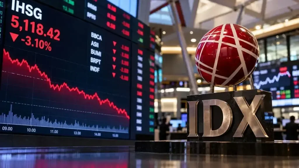 Layar indeks IHSG menunjukkan penurunan pasar saham dengan grafik merah di area perdagangan bursa.
