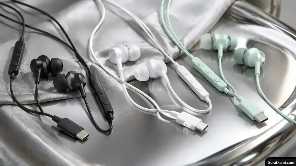 Earphone berkabel USB-C dengan pengendali pada kabel dan aksen warna hitam, putih, serta mint.