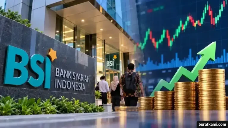 Ilustrasi gedung bank syariah dengan grafik pergerakan saham dan dokumen aksi korporasi.