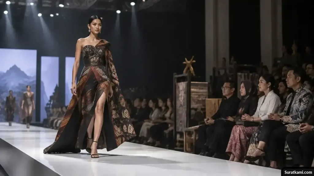 Model memperagakan busana bercorak kain Nusantara di runway, disaksikan desainer dan pelaku usaha.