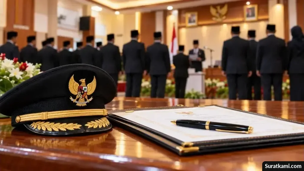 Suasana pelantikan pejabat pemerintah daerah dengan dokumen resmi dan atribut upacara di ruang seremonial.