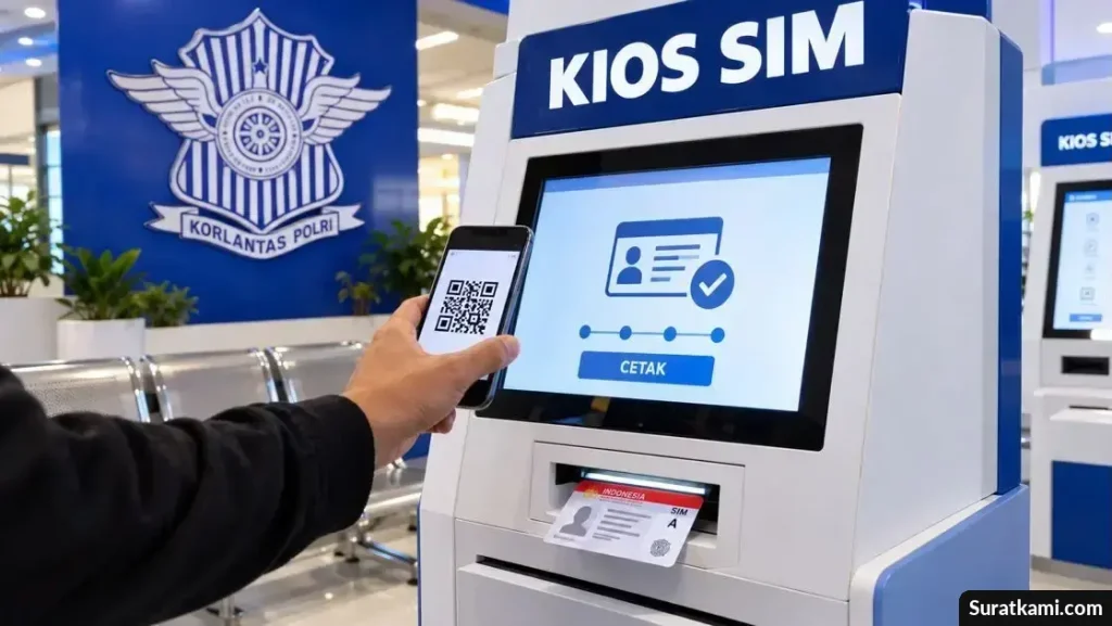 Mesin Kios SIM mandiri untuk mencetak kartu Surat Izin Mengemudi di area pelayanan publik.