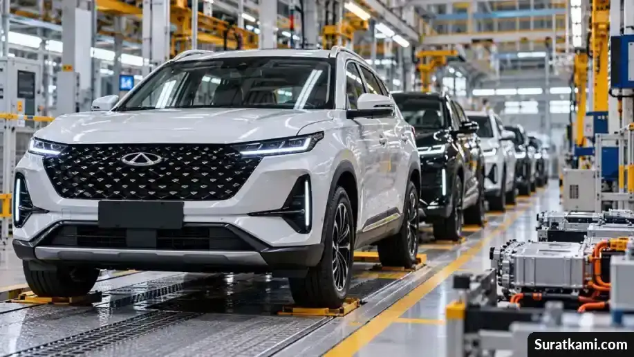 Ilustrasi fasilitas perakitan mobil modern dengan kendaraan SUV dan lini produksi otomotif.