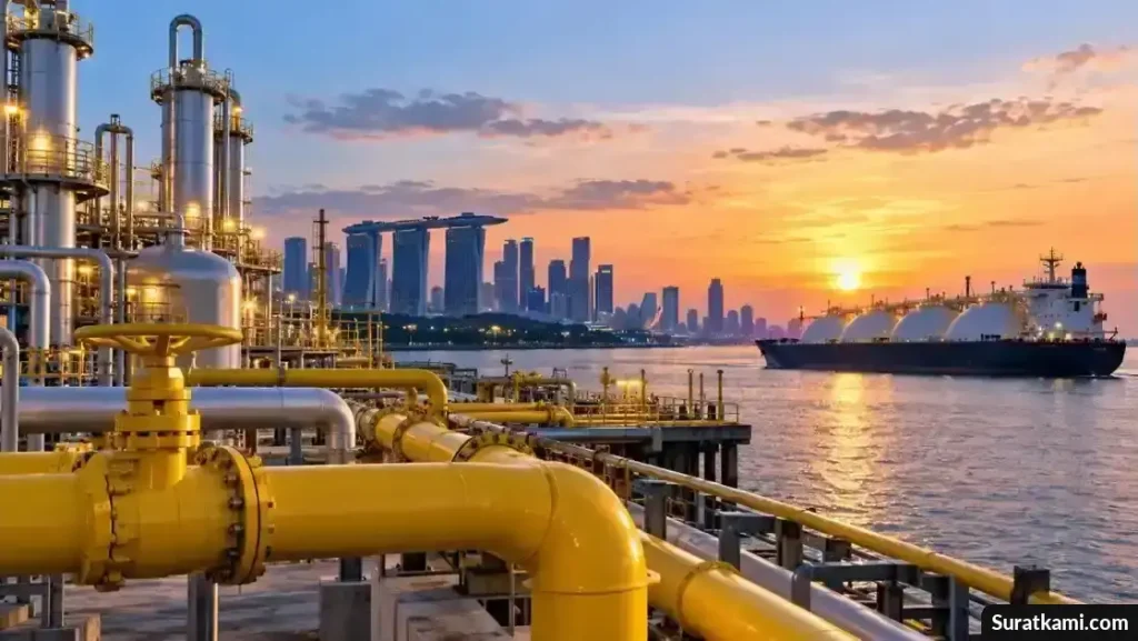 Pipa gas kuning di fasilitas energi dekat pelabuhan dengan kapal pengangkut gas dan cakrawala Singapura saat matahari terbenam.