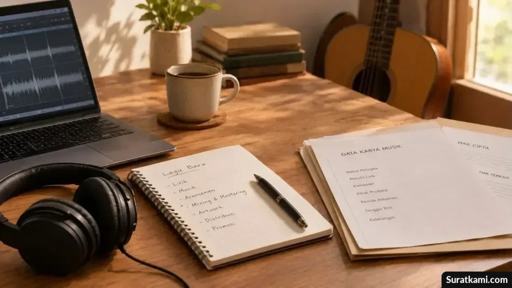 Meja kerja musisi dengan laptop berisi gelombang audio, headphone, gitar akustik, dan dokumen data karya musik.