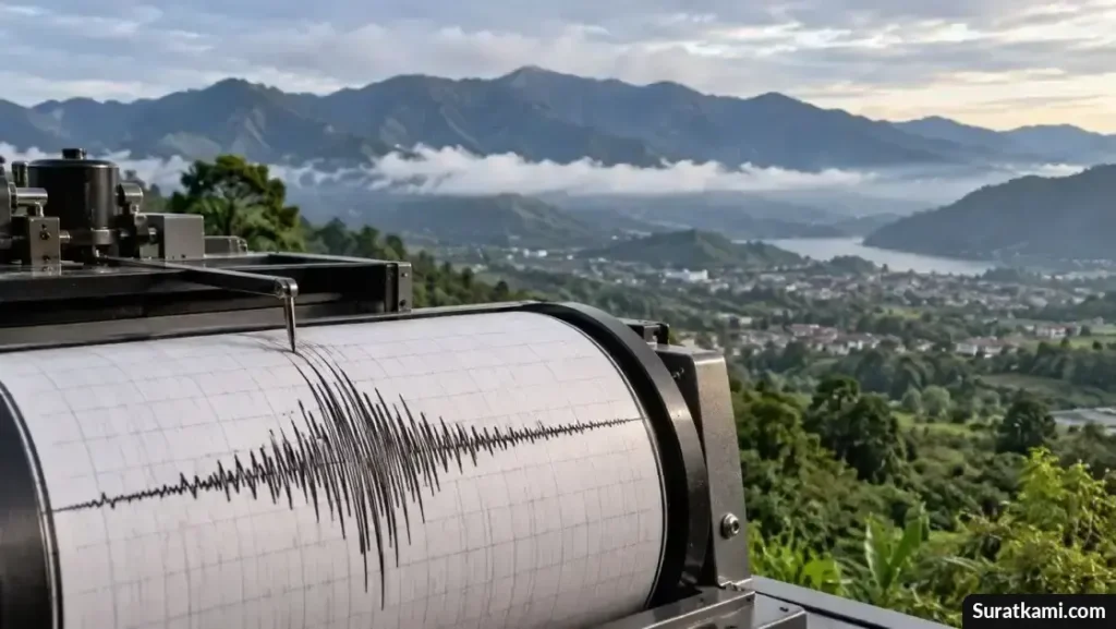 Ilustrasi aktivitas gempa bumi dengan seismograf yang merekam getaran tektonik di wilayah Aceh.