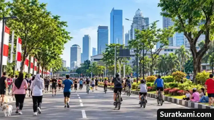 Warga berjalan kaki, berlari, dan bersepeda di jalan perkotaan saat kegiatan bebas kendaraan bermotor.
