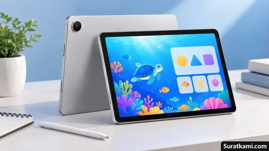 Tablet Honor Pad X10 Mini dengan layar edukasi dan bodi logam di atas meja.