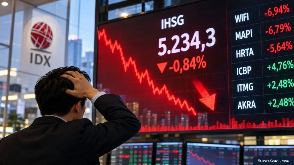 IHSG Melemah 0,84% ke 5.234,3, WIFI, MAPI, dan HRTA Tertekan