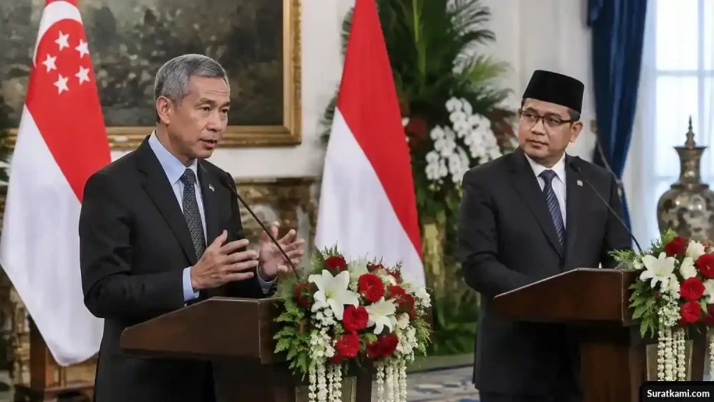 Arrmanatha Nasir dan Vivian Balakrishnan berdiri berdampingan dalam konferensi pers di Gedung Pancasila.