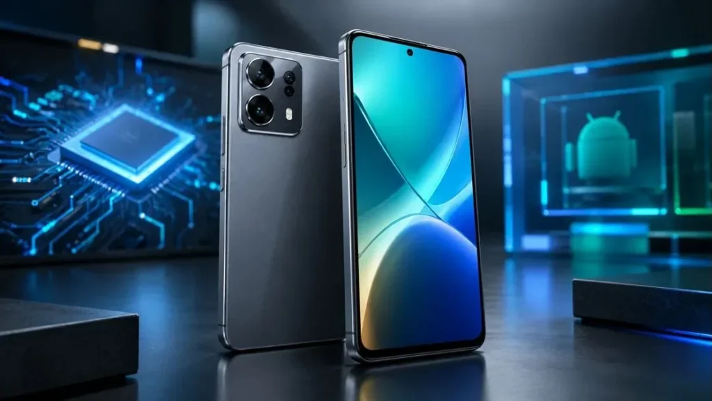 Dua smartphone bergaya premium dengan layar berwarna biru dan modul kamera belakang dalam suasana teknologi futuristis.