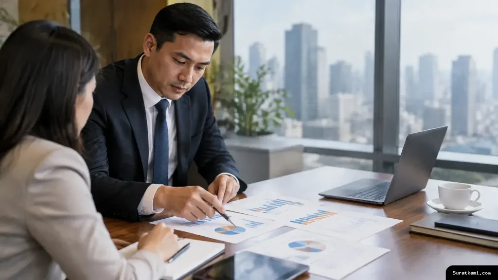 Analis perbankan menelaah dokumen dan grafik kredit di ruang rapat