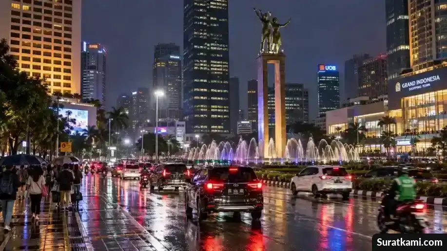 Suasana lalu lintas malam di Bundaran HI Jakarta dengan jalanan basah setelah hujan.