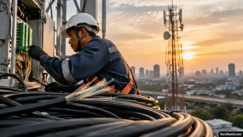 Teknisi memeriksa kabel fiber optik di dekat perangkat distribusi jaringan