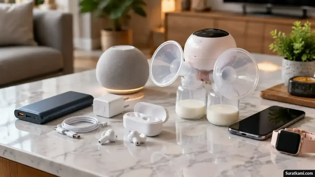 Perangkat pengisian daya, earbuds, perangkat rumah pintar, dan pompa ASI tersusun di meja display.