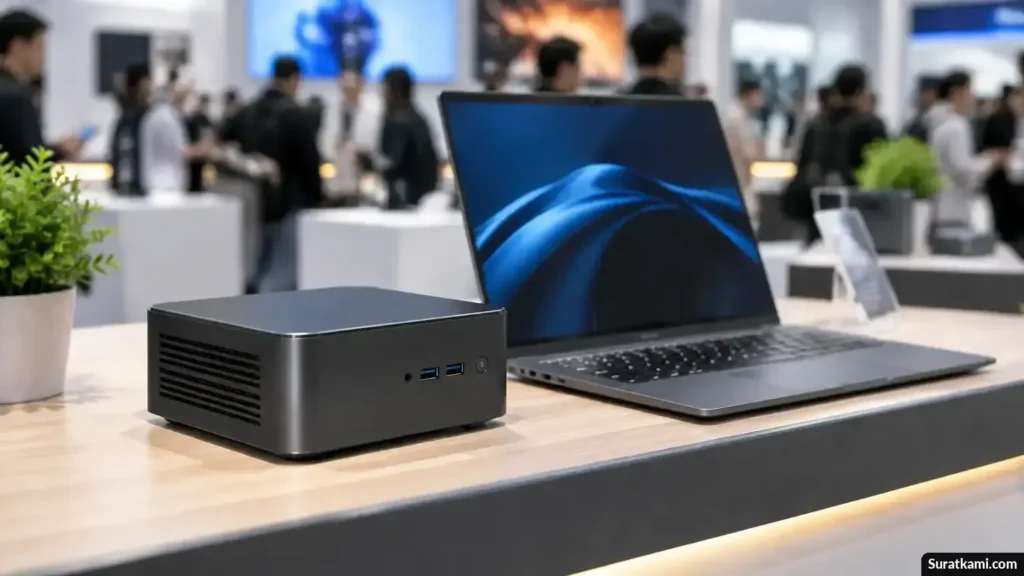 Mini PC ringkas dan laptop tipis dipajang bersama di meja pameran teknologi.
