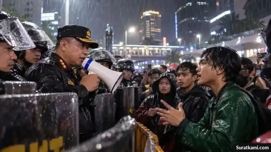 Kapolda Metro Jaya menemui mahasiswa dan peserta demonstrasi di balik barikade polisi saat hujan deras di kawasan Sudirman, Jakarta.