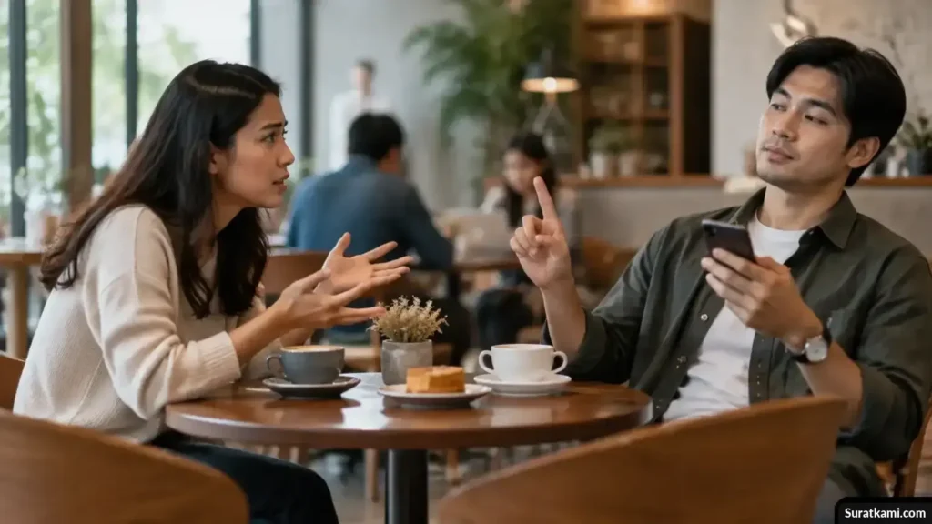 Dua orang berbicara di kafe, dengan satu orang tampak menyela lawan bicaranya.