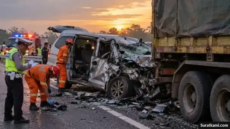 Minibus ringsek berat setelah menghantam bagian belakang truk Fuso di jalan tol, dengan petugas melakukan penanganan kecelakaan.
