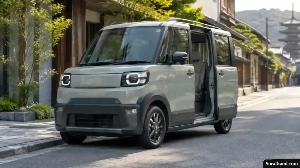 Mobil listrik mungil berbodi mengotak dengan pintu geser dan pelindung plastik bergaya softroader.