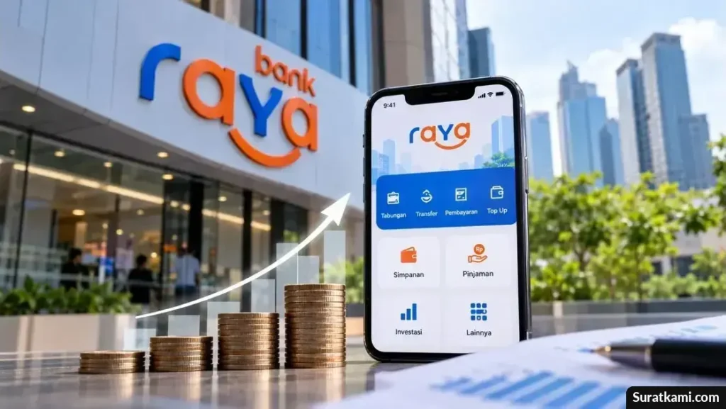 Ilustrasi layanan perbankan digital Bank Raya dengan pertumbuhan kredit dan aktivitas transaksi keuangan.