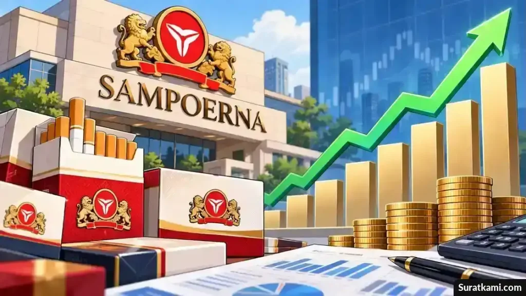 Ilustrasi gedung Sampoerna, produk rokok, grafik pertumbuhan dan tumpukan koin