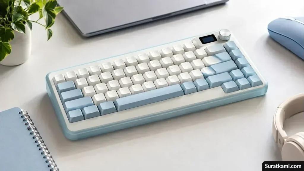 Keyboard ringkas berwarna biru pastel dengan tombol putih, layar status kecil, dan kenop putar di meja kerja modern.