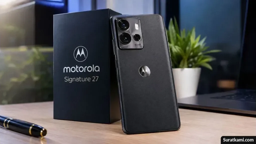 Smartphone Motorola Signature 27 berwarna hitam dengan modul tiga kamera belakang dan kotak kemasan elegan.