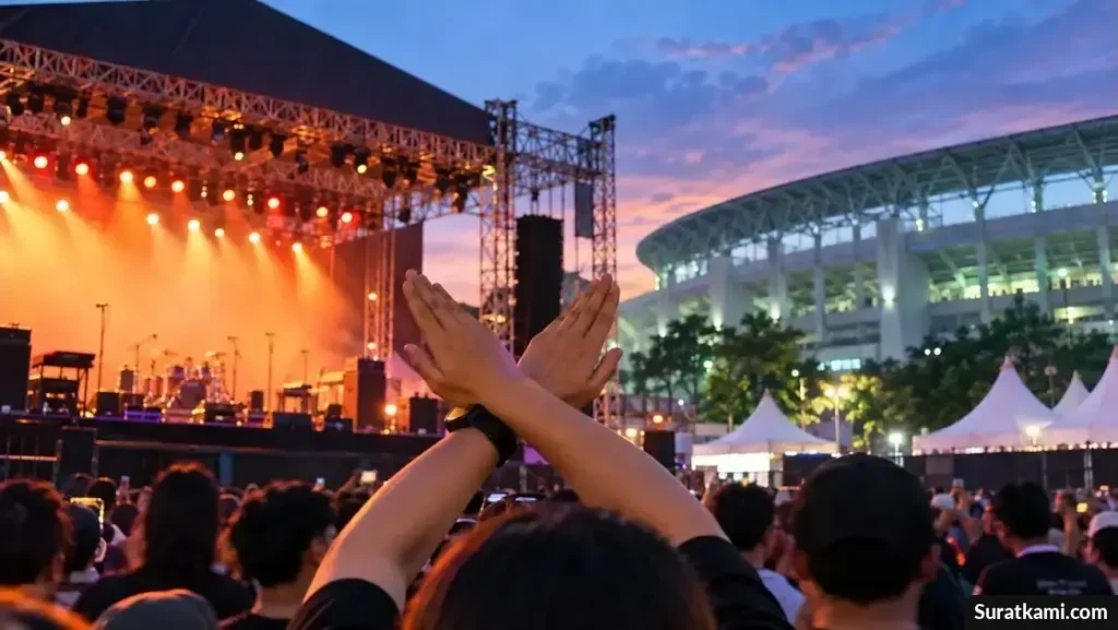 Panggung festival musik dengan mikrofon kosong dan kursi penonton tanpa pengunjung.