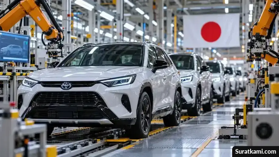 Mobil SUV berwarna perak di jalur produksi pabrik otomotif Jepang dengan lengan robot industri.