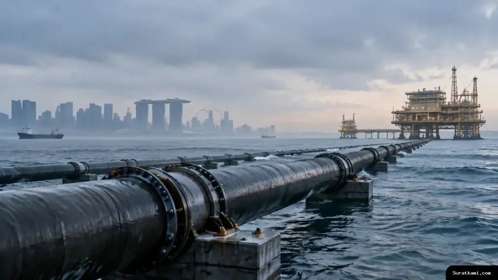 Pipa gas bawah laut mengarah ke fasilitas penerima dengan siluet kawasan Marina Bay di kejauhan.