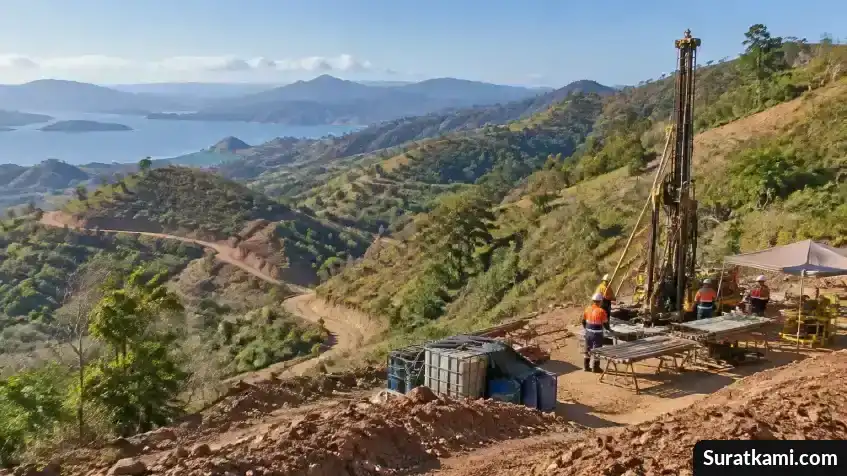 Rig pengeboran berdiri di area eksplorasi berbukit di Sumbawa