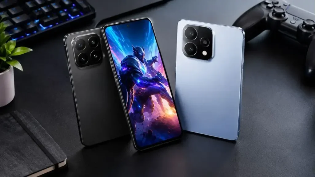 Dua ponsel berperforma tinggi dengan desain premium di meja gaming modern.