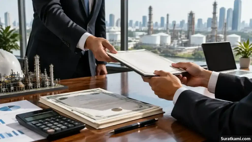 Dokumen korporasi dan sertifikat saham generik di atas meja dengan gedung perkantoran di latar.