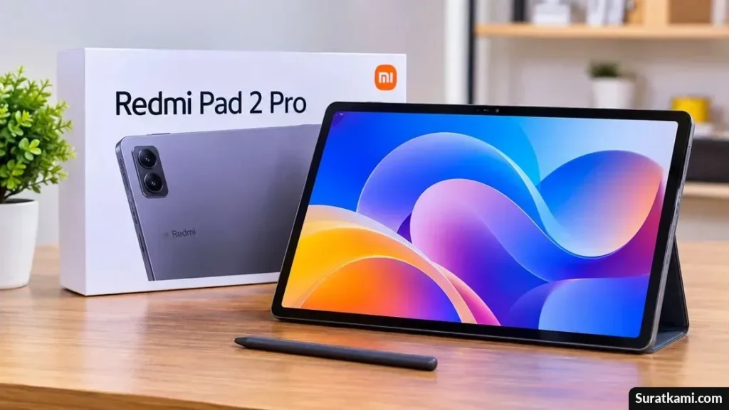 Redmi Pad 2 Pro dengan layar besar menampilkan wallpaper warna-warni di atas meja bersama stylus dan kotak produk.