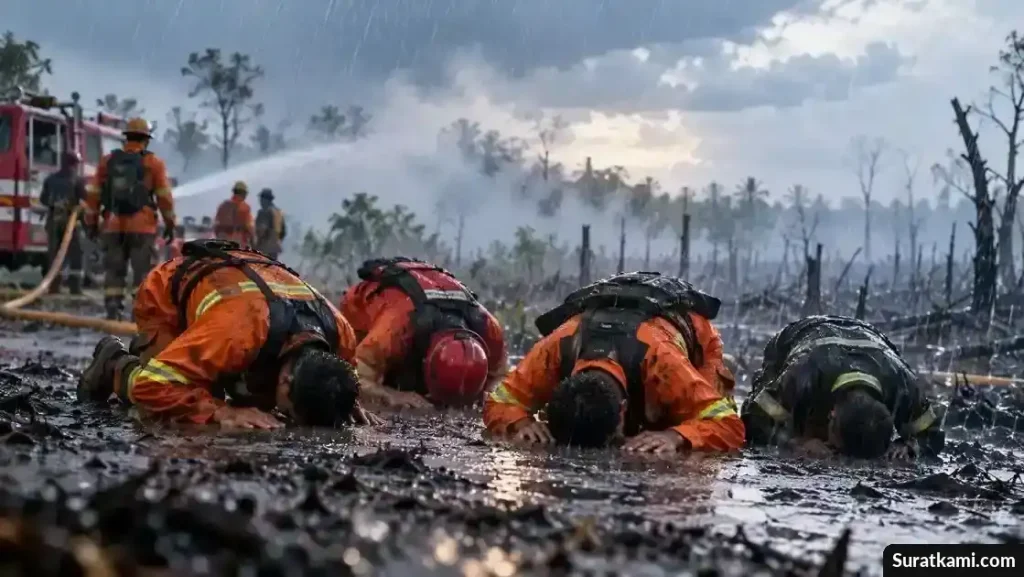Relawan pemadam karhutla bersujud syukur di lahan terbakar saat hujan deras turun.
