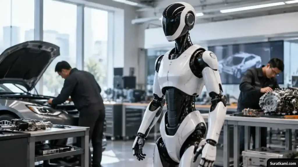 Robot humanoid berdiri di ruang demonstrasi dengan teknisi dan kendaraan di latar belakang.