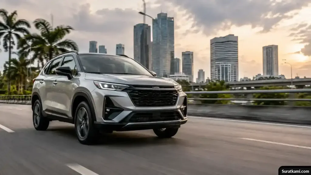 SUV tanpa logo melaju di jalan kota dengan kawasan industri di kejauhan