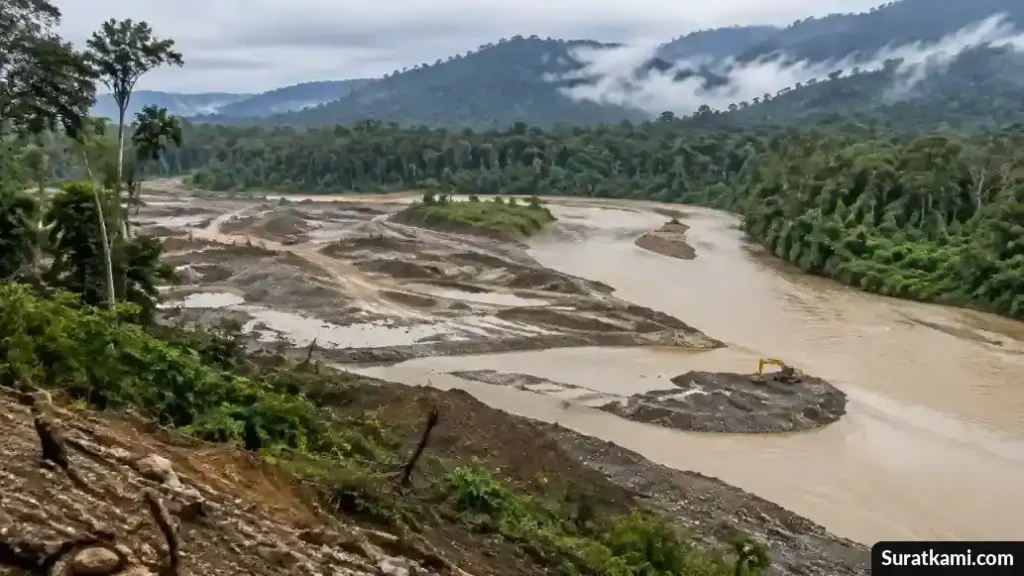 Aliran sungai dan area terbuka di sekitar lokasi tambang emas di Nabire, dengan hutan tropis di sekelilingnya.