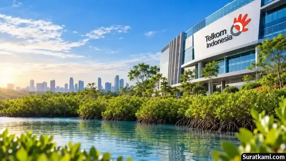 Gedung Telkom Indonesia dengan latar ekosistem mangrove dan perairan hijau