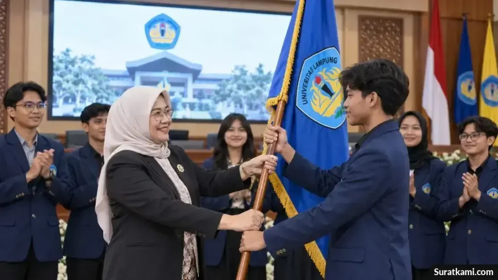 Rektor Universitas Lampung menyerahkan bendera kepada perwakilan mahasiswa dalam seremoni pelepasan kontingen Pimnas 2026.