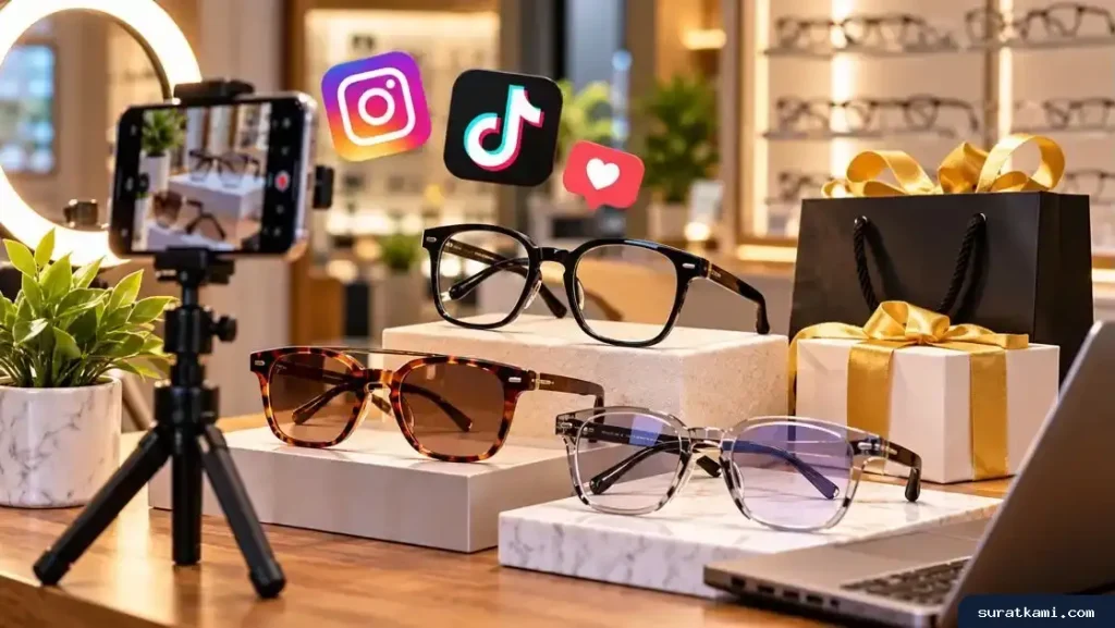 Tiga model kacamata di studio optik dengan perlengkapan pembuatan konten media sosial.